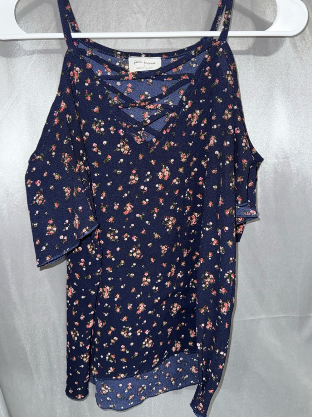 Free Kisses Navy Floral Cold-Shoulder Tank with Crisscross Detail